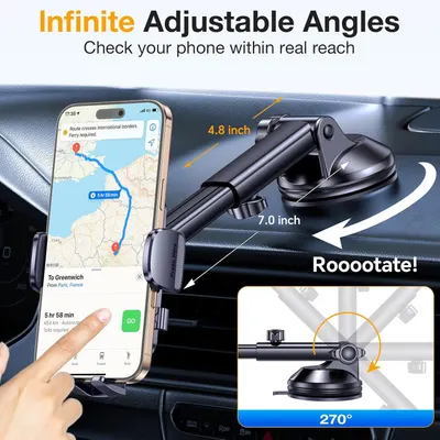 Demonstrates the phone mount's adjustable features including the 4.8 inch and 7.0 inch extension measurements, and the 270-degree rotation capability, reassuring shoppers that they can position…