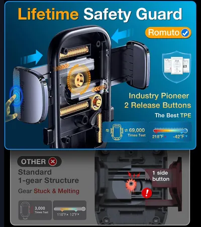 Demonstrates the product's superior internal mechanism and safety features compared to standard competitors, emphasizing the dual-gear structure, dual release buttons, extensive durability testing,…