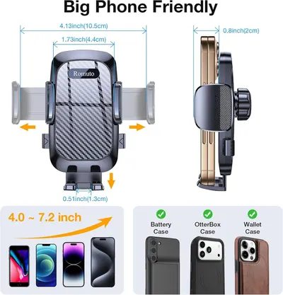 Communicates the exact physical dimensions of the phone holder and demonstrates that it accommodates large phones (4.0-7.2 inches), reassuring shoppers about fit and compatibility with their…
