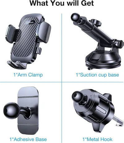 Shows the customer everything included in the package: a phone holder with arm clamp, suction cup base, adhesive base, and metal hook, demonstrating versatility and value.