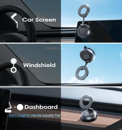 Demonstrates the product's versatility by showing three different mounting locations in a vehicle, reassuring shoppers that the product can be used in multiple ways to suit their preferences.