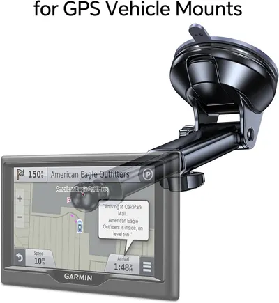 Demonstrates that the mount is compatible with GPS devices, specifically showing a Garmin GPS unit mounted and in use to reassure shoppers of fit and functionality.