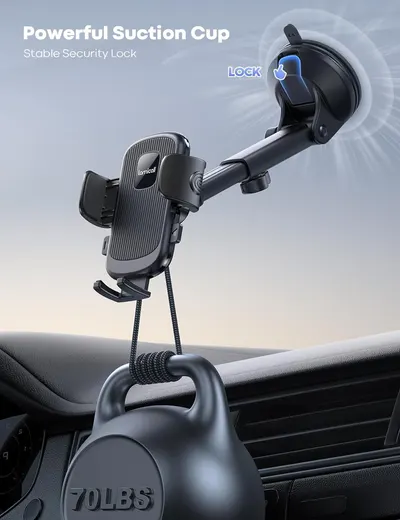 Highlights the powerful suction cup with a security lock mechanism to reassure shoppers that the phone mount will stay firmly attached to the windshield. Communicates the key benefit of a powerful,…