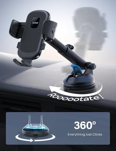 Demonstrates the phone mount's dual key features: the ability to rotate 360 degrees for optimal viewing angles and its stable suction base that can be repositioned, reassuring shoppers of its…