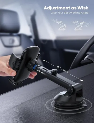 Demonstrates the product's adjustable components and range of motion, showing shoppers how the phone mount can be customized to achieve their preferred viewing angle and reach.