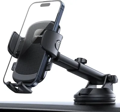 Provides a clean, professional catalog-style view of the phone mount product showing its design, adjustable arm, and mounting mechanism without distractions.