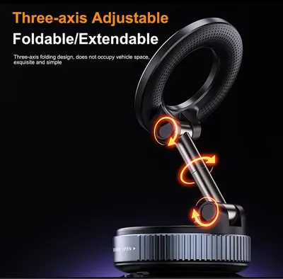 Demonstrates the product's three-axis folding mechanism with visual arrows highlighting the rotation points, showing shoppers how the product adjusts and folds to save space.