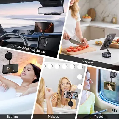 Demonstrates the versatility of the phone mount by showing it can be used in five different real-world scenarios (car, cooking, bathing, makeup application, and travel), reassuring shoppers that…