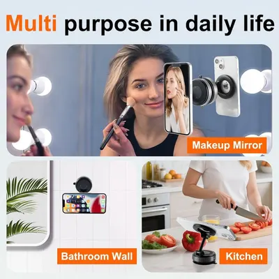Demonstrates the product's versatility by showing multiple use cases across different environments—as a makeup mirror, bathroom wall mount, and kitchen stand—to communicate that this is a…