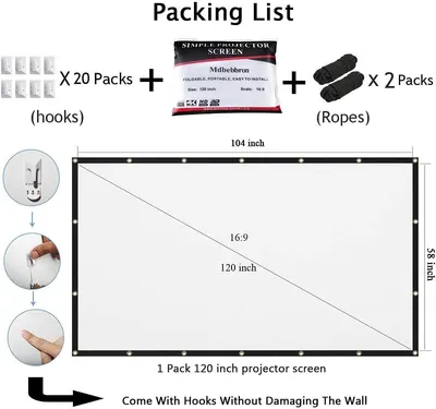 Shows everything included in the package—hooks, ropes, and the projector screen—to reassure shoppers they have all necessary components for setup.