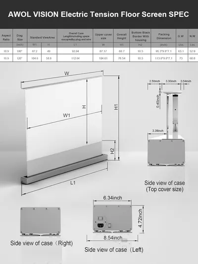Provides detailed dimensional specifications and technical measurements for the electric tension floor screen, helping shoppers understand the exact physical size and component dimensions for…