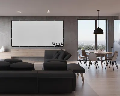 Demonstrates the product (projector screen) in a real-world luxury home environment to help shoppers visualize how it integrates into contemporary living spaces.