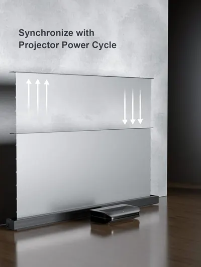 Communicates that the projector screen can synchronize with the projector's power cycle, automatically raising and lowering to match the projector's on/off state for convenience.