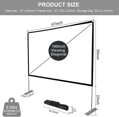 Communicates the exact physical dimensions of the projector screen (frame, viewing area, storage bag) and weight to help shoppers understand the product's size and portability before purchase.