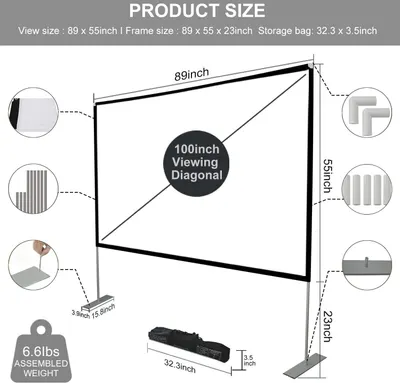Communicates the exact physical dimensions of the projector screen (89x55 inches frame, 100-inch diagonal viewing area, storage bag size) and weight (6.6 lbs) to help shoppers understand if it fits…