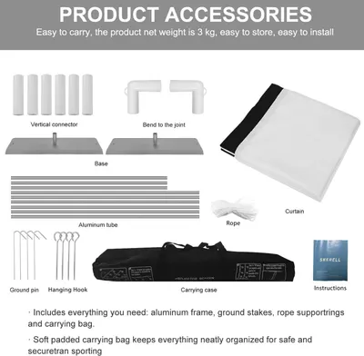 Shows all components included with the product to reassure shoppers they receive everything needed for setup and use, including frame, curtain, carrying case, and installation hardware.