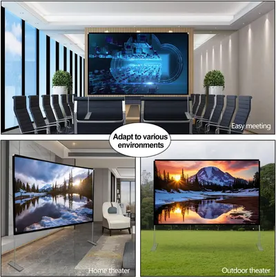 Demonstrates the product's versatility by showing it can be used in multiple environments: conference rooms for business meetings, home theaters for entertainment, and outdoor settings for events.