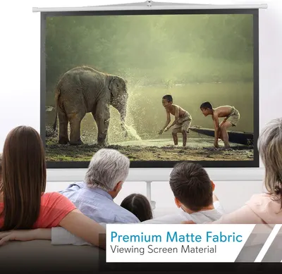 Highlights the premium matte fabric material of the viewing screen to communicate superior image quality and viewing experience for home entertainment.