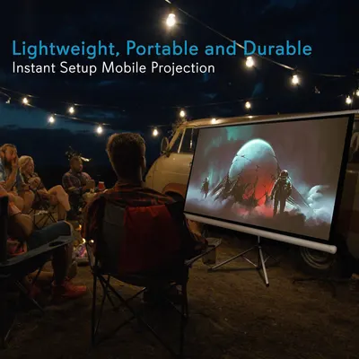 Communicates multiple key benefits of the mobile projection screen—lightweight portability, durability, and easy instant setup—to reassure shoppers it's ideal for outdoor and mobile entertainment.