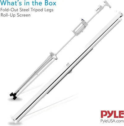 Shows the customer exactly what components are included in the package—the tripod stand and the roll-up projection screen—to set clear expectations about the complete kit.