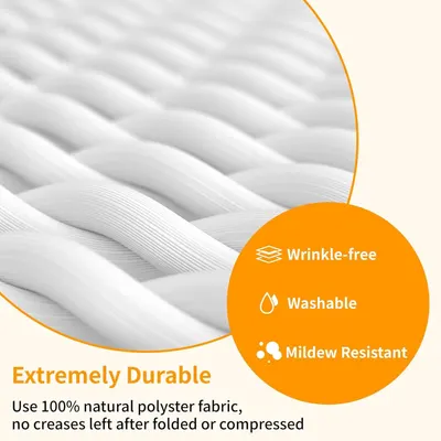 Communicates multiple key benefits of the fabric material including wrinkle-free construction, washability, mildew resistance, and durability to reassure shoppers about the product's quality and…