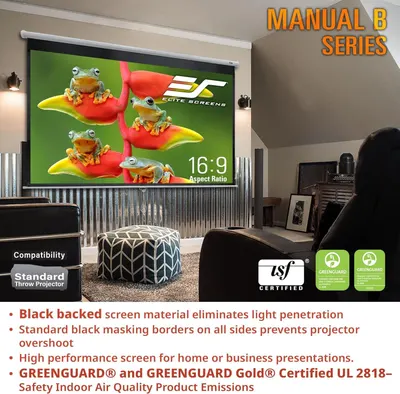 Communicates multiple technical benefits and certifications of the projector screen to reassure shoppers about quality, performance, and safety standards.