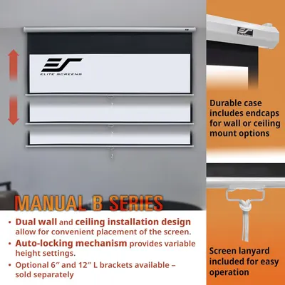 Communicates multiple distinct benefits of the projector screen including flexible installation options, adjustable height settings, durable mounting hardware, and easy operation features to help…