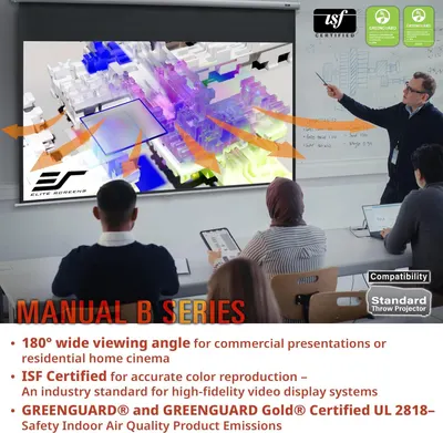Communicates multiple safety and environmental certifications (ISF, GREENGUARD, GREENGUARD Gold) to reassure buyers that the projector screen meets industry standards for color accuracy, indoor air…