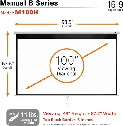 Provides detailed physical measurements of the projector screen (width, height, diagonal, weight) to help shoppers understand the exact size and ensure it fits their space.
