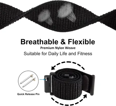Highlights the physical components and material construction of the watch band, showing the quick-release pin mechanism and premium nylon weave to communicate ease of installation and quality…