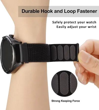 Highlights the watch band's hook and loop fastening system with a zoomed-in detail to show the secure attachment mechanism and ease of adjustment. Communicates multiple benefits of the watch band…