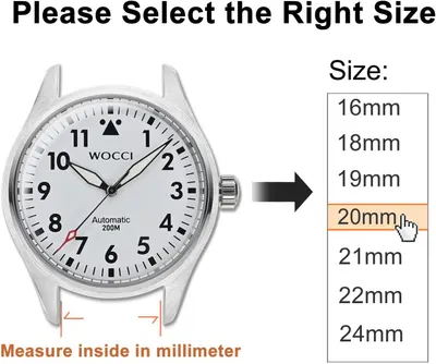 Helps shoppers select the correct watch band size by showing how to measure the lug width in millimeters, ensuring proper fit and compatibility.