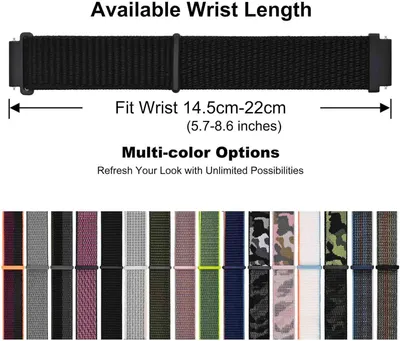 Communicates the adjustable wrist size range to help shoppers determine if the watch band will fit their wrist comfortably. Showcases the extensive color and pattern options available in the product…