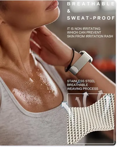 Communicates multiple benefits of the watch band including breathability, sweat-proof properties, skin-friendly non-irritating design, and premium stainless steel construction with a detailed…