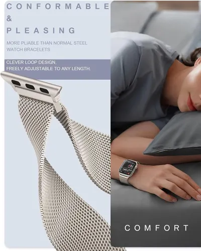 Communicates the comfort and flexibility of the watch bracelet, emphasizing its pliability compared to steel and its adjustable design to reassure shoppers about wearability and all-day comfort.