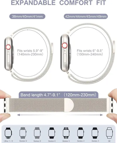 Communicates the adjustable sizing and compatibility of the watch band with multiple Apple Watch models and wrist sizes, reassuring shoppers about fit and versatility.