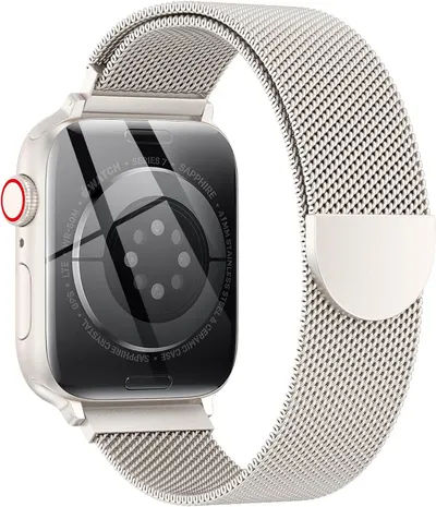 Displays the smartwatch with its mesh band on a clean white background to show the product clearly without distractions, allowing shoppers to see the design and build quality.