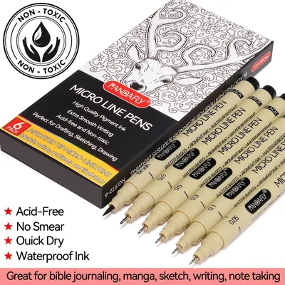 Communicates multiple key benefits of the micro line pens to reassure shoppers about quality and performance across different use cases.