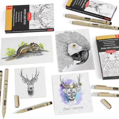 Shows everything included in the art kit bundle—pens, drawing pads, and example illustrations—to help shoppers understand the complete value and contents they'll receive.