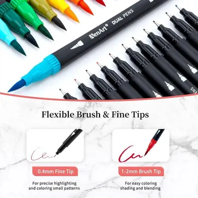 Highlights the product's dual-tip design with specific measurements (0.4mm fine tip and 1-2mm brush tip) to show shoppers the versatility and precision of the pen for different artistic applications.
