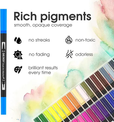 Communicates multiple key benefits of the dual art markers including pigment quality, performance characteristics, safety features, and consistent results to reassure shoppers of the product's…