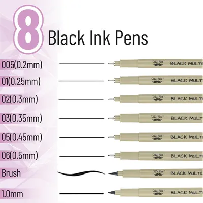 Showcases the brand's complete lineup of black ink pens with different tip sizes to help shoppers choose the right option for their needs.