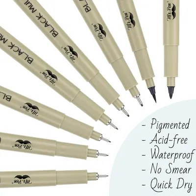 Communicates multiple key product benefits (pigmented, acid-free, waterproof, no smear, quick dry) to reassure shoppers of the pens' quality and performance across various use cases.