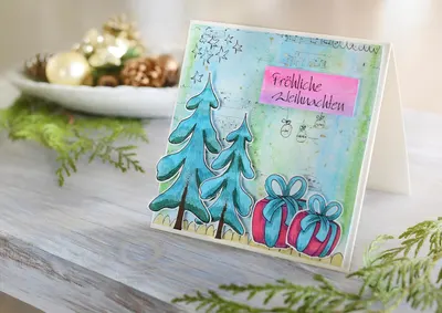 This image showcases the product as a Christmas greeting card, featuring festive elements like Christmas trees, gifts, ornaments, and holiday messaging to position it as a seasonal holiday product.