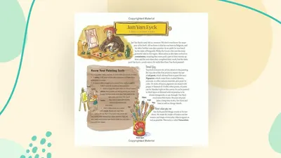 This image provides educational information about Jan Van Eyck, his painting techniques, and tools used in art. It segments multiple distinct topics (biography, painting tools, detail techniques,…