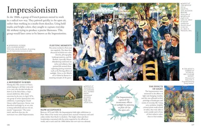 This image educates shoppers about the Impressionism art movement, establishing brand authority and cultural context for an art-related product or publication by showcasing the movement's history,…