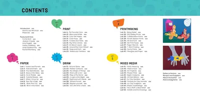 This image shows the complete structure and contents of an art course or book, helping shoppers understand the full scope of lessons and activities included across five units (Paper, Paint, Draw,…