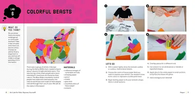 This image provides a multi-step instructional guide teaching children how to create a colorful animal collage using tissue paper, demonstrating the process from sketching to final assembly.