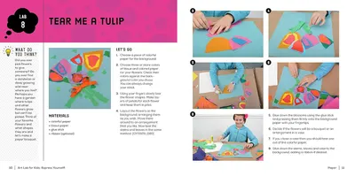 This image provides clear, numbered step-by-step instructions to teach children how to create a colorful paper tulip bouquet craft project.