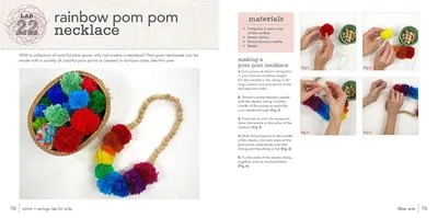 This image provides clear, sequential instructions showing how to make a rainbow pom pom necklace, guiding shoppers through the complete crafting process from materials to finished product. Shows…